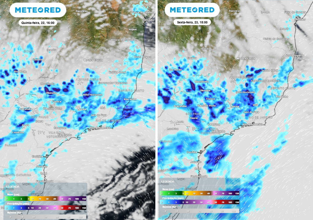 Previsão de chuva (mm) e nebulosidade (tons brancos/cinzas) para quinta-feira (22) às 16h à esquerda e sexta-feira (23) às 15h à direita, segundo o modelo europeu ECMWF.