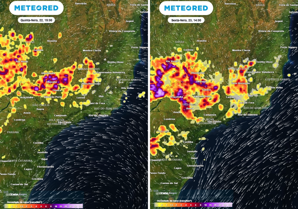 Previsão de densidade de raios para quinta-feira (22) às 15h à esquerda e para sexta-feira (23) às 14h à direita, segundo o modelo europeu ECMWF.