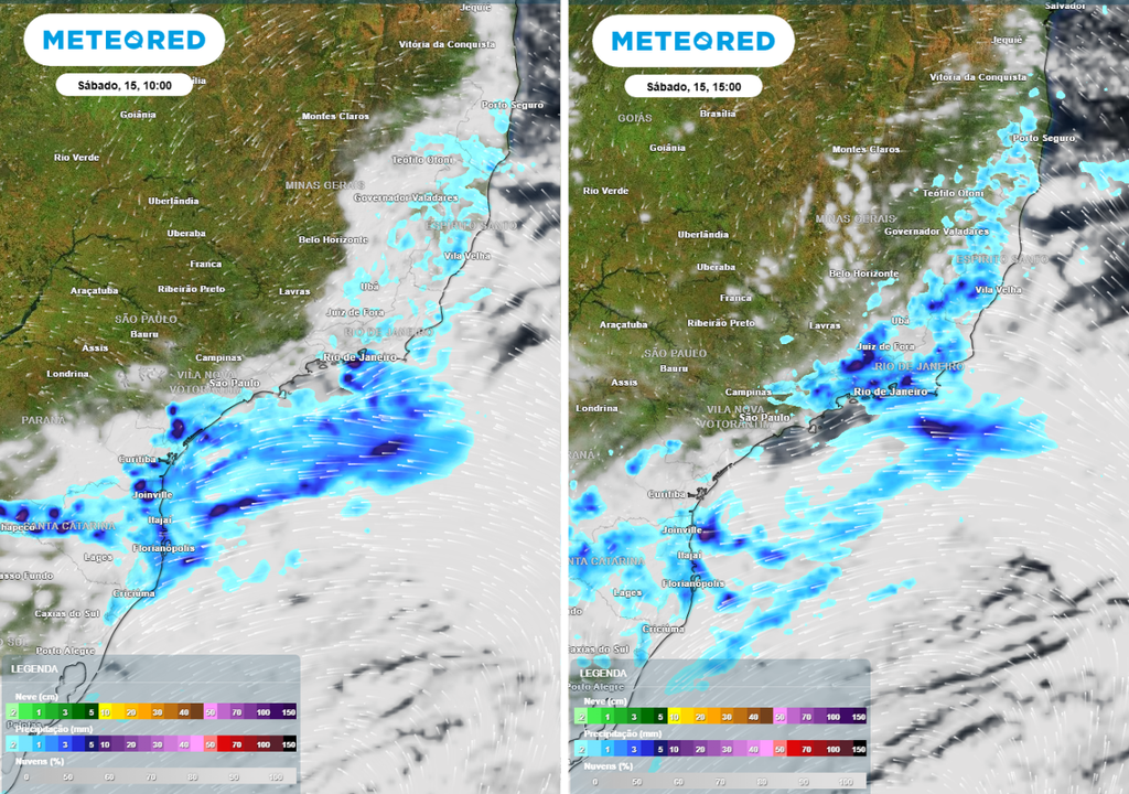 Previsão de precipitação (em mm) para sábado (15) às 10h à esquerda e para às 15h à direita, segundo o modelo europeu ECMWF.