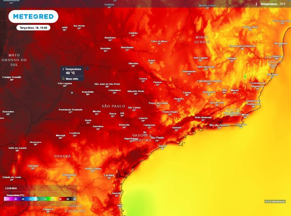 Previsão da temperatura máxima do ar (em °C) para a terça-feira (18).