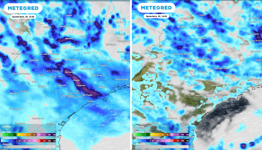 Previsão de chuvas (mm) para quinta-feira (29) às 15h à esquerda e para sexta-feira (30) às 14h à direita, segundo o modelo europeu ECMWF.