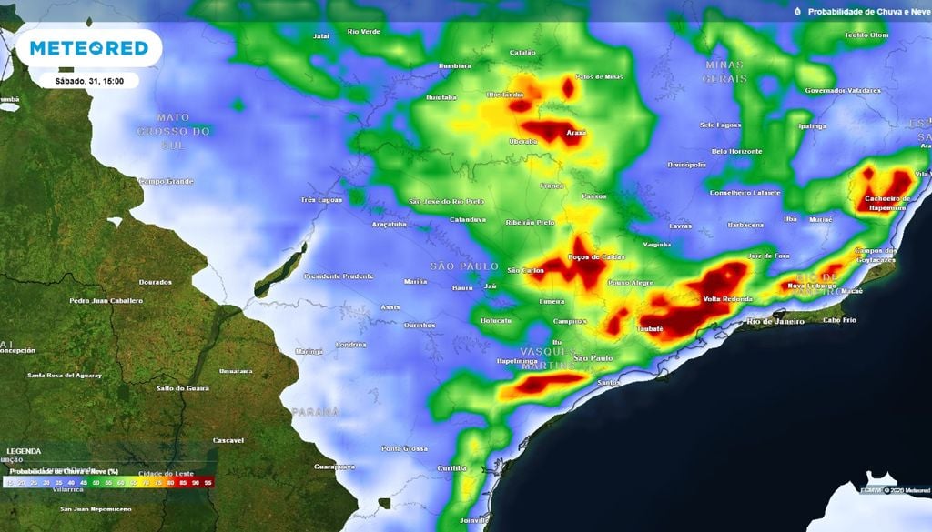 Previsão da probabilidade (%) de precipitação para o sábado (31) às 15h, segundo o modelo europeu ECMWF.