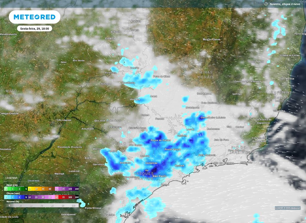 Previsão de nebulosidade e chuva para o início da noite de sexta-feira (28) sobre o Sudeste do Brasil.