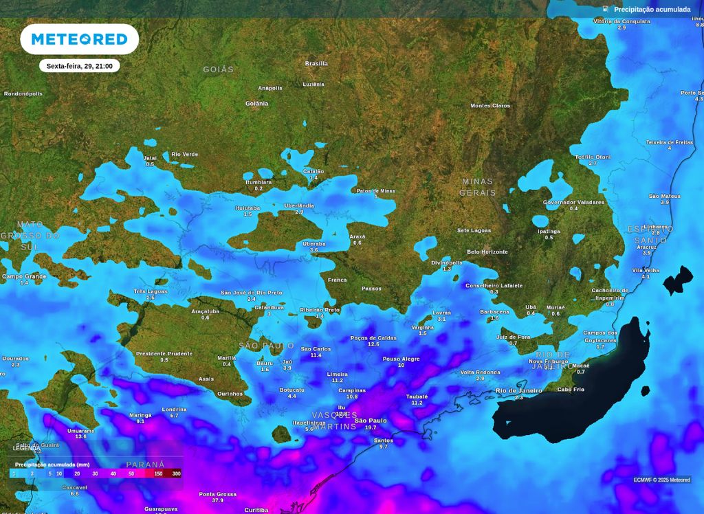 Previsão de chuva acumulada entre os dias 26 e 29 de agosto para o Sudeste do Brasil.