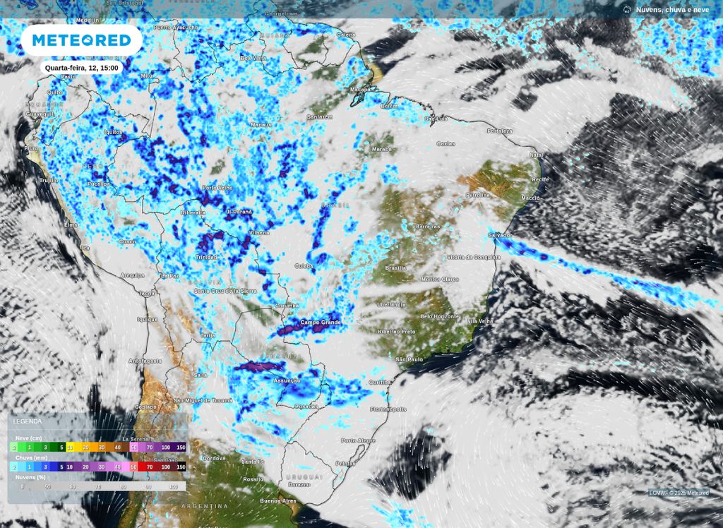 Mapa de precipitação prevista para a tarde de quarta-feira (12).