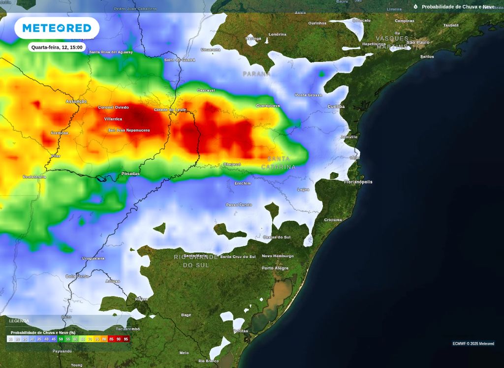 Mapa de probabilidade de precipitação para a tarde desta quarta-feira (12) sobre a Região Sul.