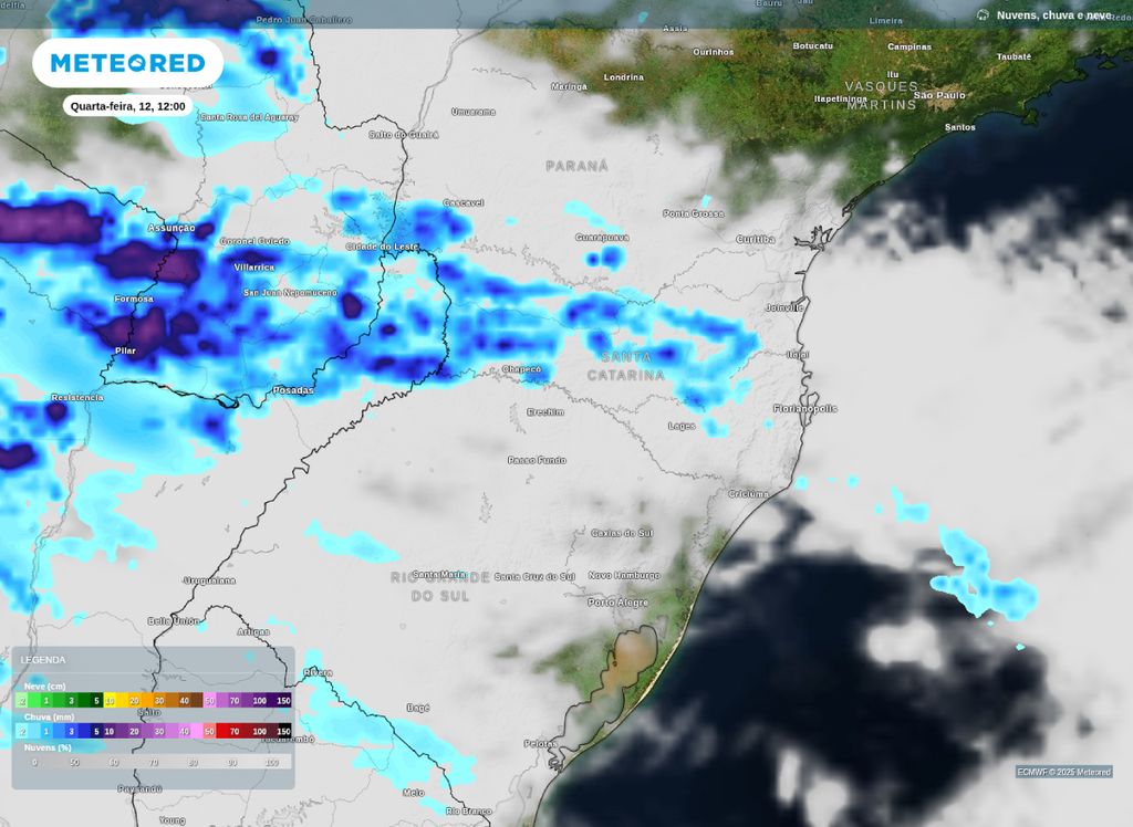 Mapa de precipitação prevista para o final da manhã de quarta-feira (12).