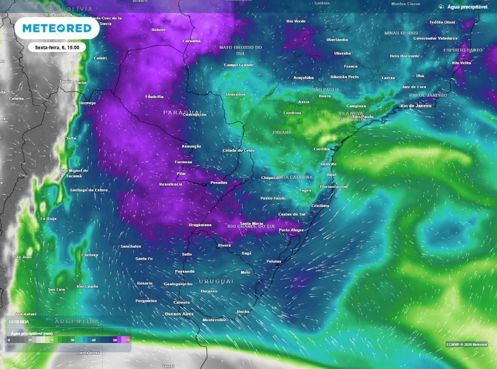Previsão de água precipitável (em mm) para a sexta-feira (6) à tarde (15h), segundo o modelo europeu ECMWF, mostrando a quantidade de vapor d’água disponível na atmosfera para se transformar em chuva.