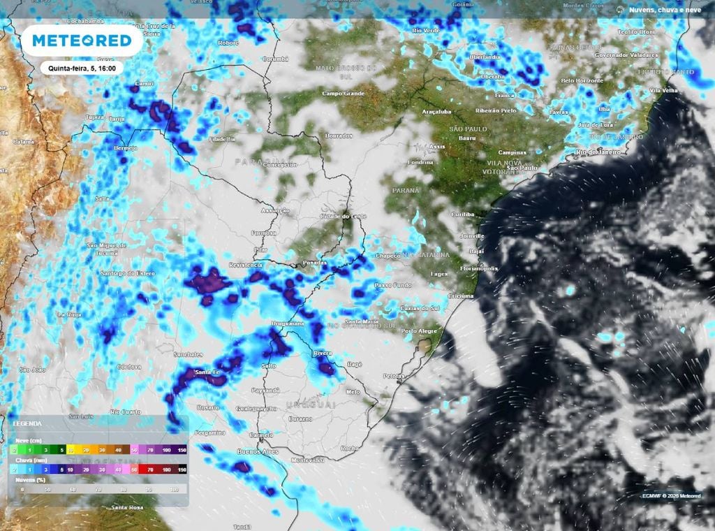 Previsão de precipitação (em mm) para a quinta-feira (5) à tarde (16h), segundo o modelo europeu ECMWF.