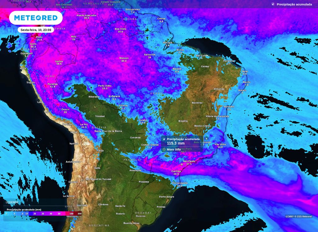 Mapa de precipitação acumulada até sexta-feira (10).