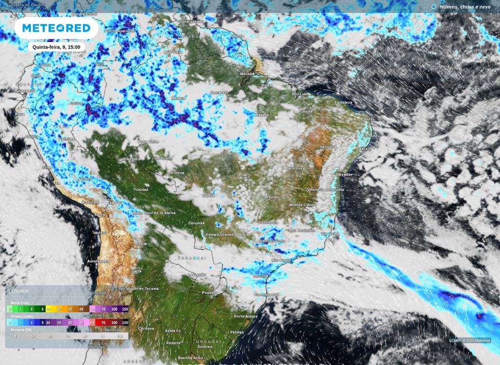 Previsão de chuva e nebulosidade para esta quinta-feira (9) às 15h.