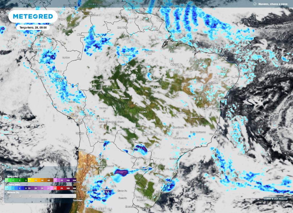 Previsão de nebulosidade e precipitação para a manhã de terça-feira (28), segundo o modelo ECMWF.