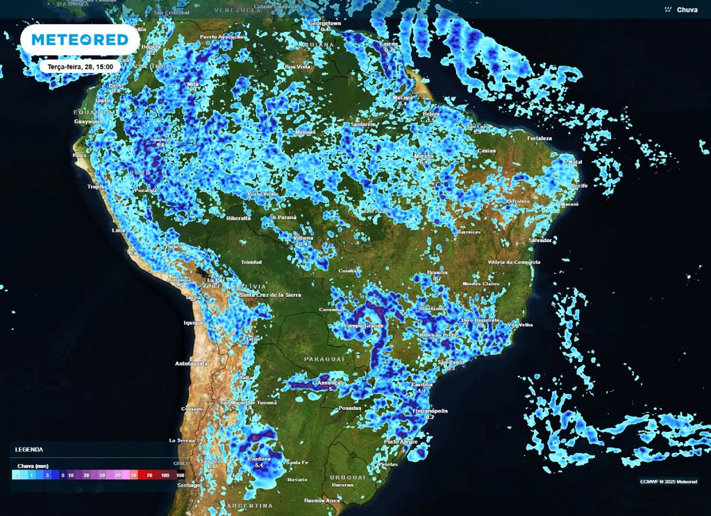 Previsão de precipitação para a tarde de terça-feira (28), segundo o modelo ECMWF.