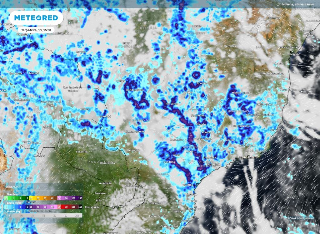 Previsão de chuva para a tarde desta terça-feira (13) sobre o centro-sul do Brasil. Previsão de chuva para a tarde desta terça-feira (13) sobre o centro-sul do Brasil.