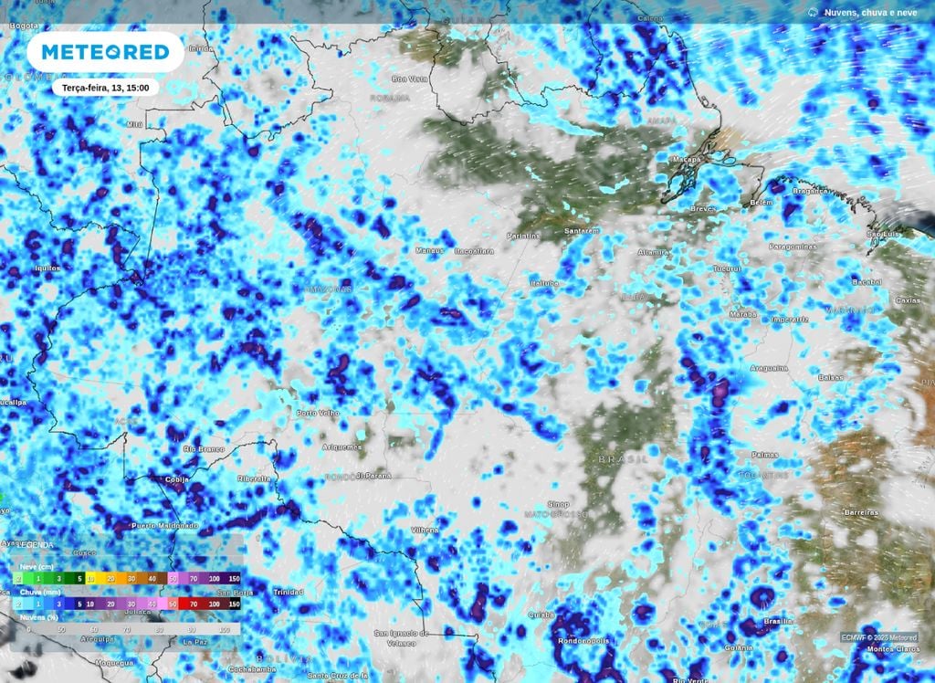 Previsão de chuva para a tarde desta terça-feira (13) sobre o Norte e parte do Nordeste do Brasil. Previsão de chuva para a tarde desta terça-feira (13) sobre o Norte e parte do Nordeste do Brasil.