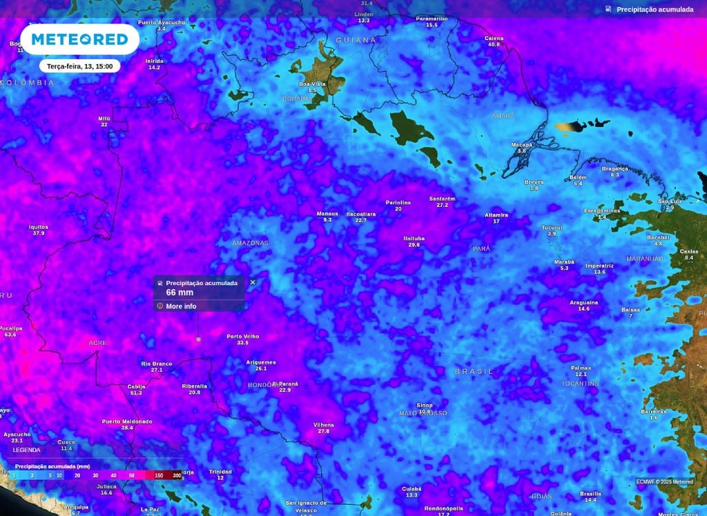 Precipitação acumulada entre segunda (12) e terça-feira (13). Precipitação acumulada entre segunda (12) e terça-feira (13).