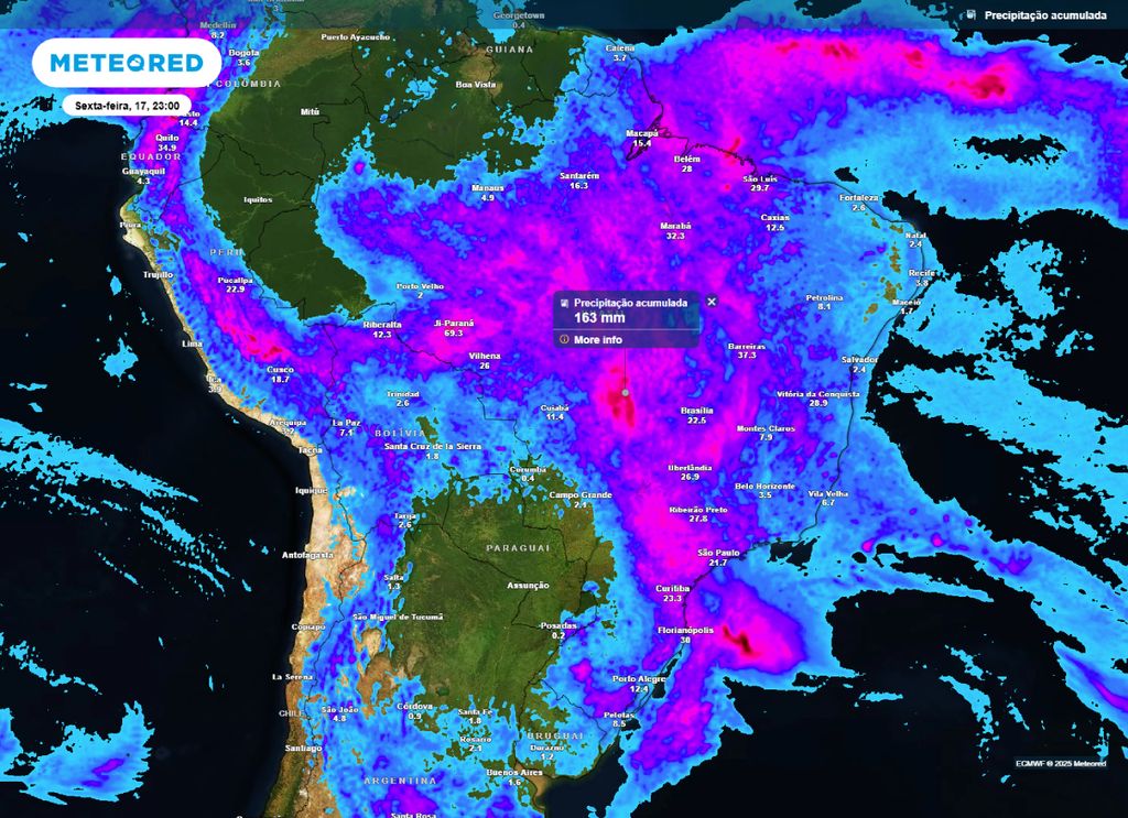 Previsão do acumulado de chuva entre a quinta-feira (16) e sexta-feira (17), de acordo com o ECMWF.