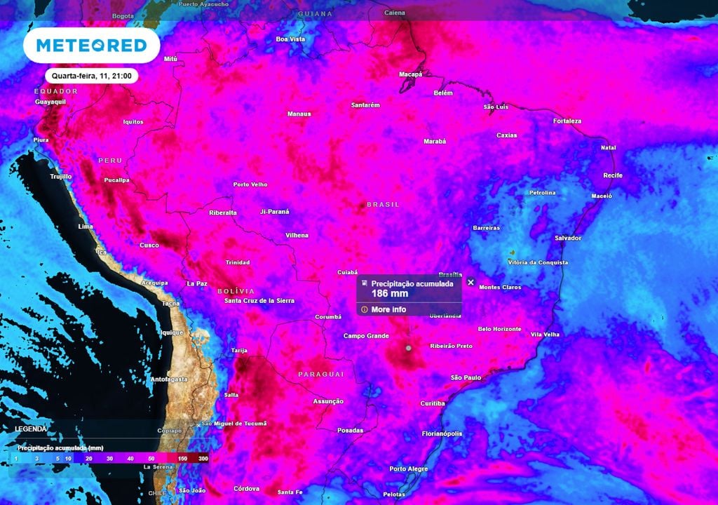 Previsão de acumulados totais de chuva sobre o Brasil até o final da próxima quarta-feira.