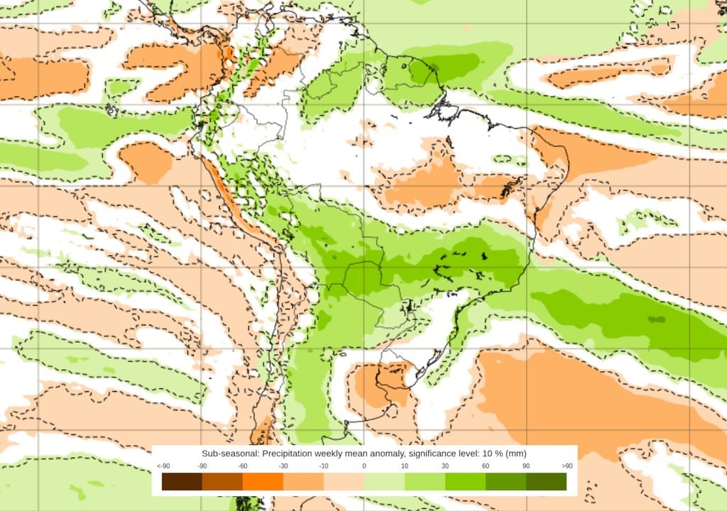 Previsão de anomalias de chuva entre os dias 9 e 16 de Março (modelo ECMWF).