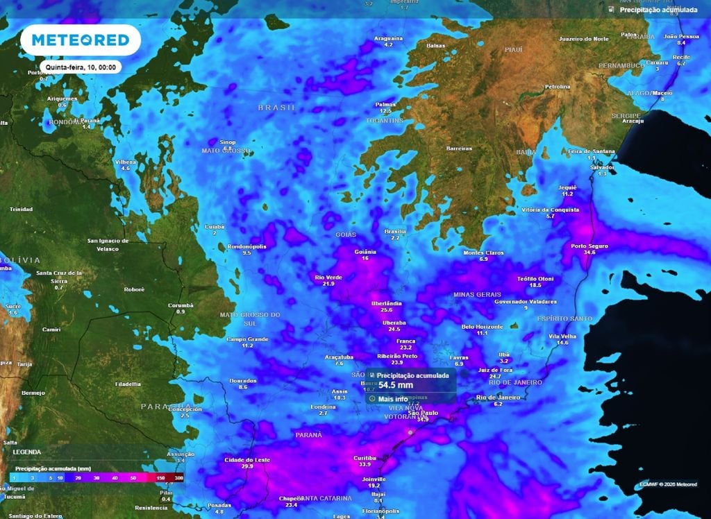 Mapa de chuva acumulada. Precipitação acumulada aponta volumes elevados no litoral paulista.