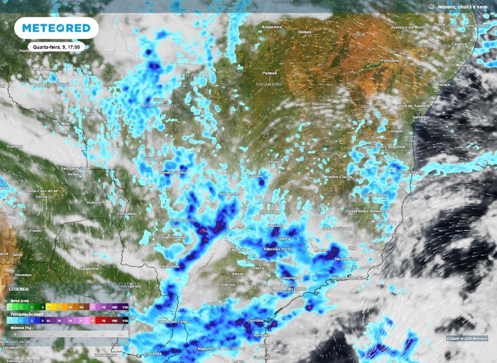 Precipitação. Precipitação e nebulosidade, previsão aponta riscos de chuvas intensas sobre São Paulo, Minas Gerais, Goiás e Mato Grosso do Sul na tarde desta quarta (9).