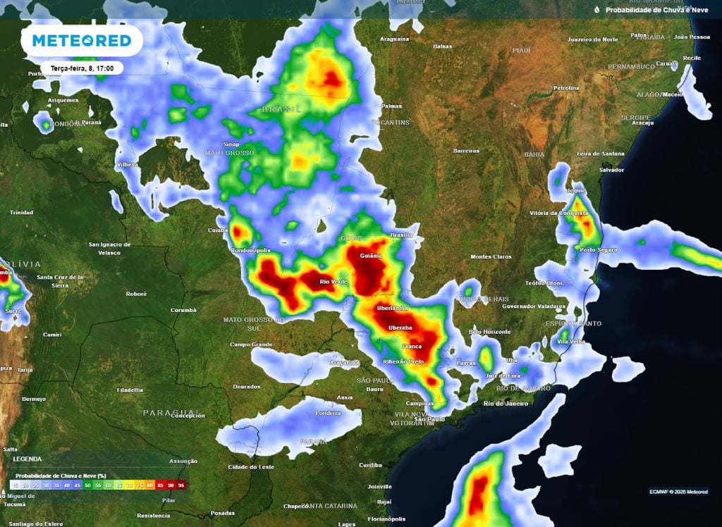 Chances de chuva. Mapa de probabilidade de precipitação para a tarde de hoje (8).