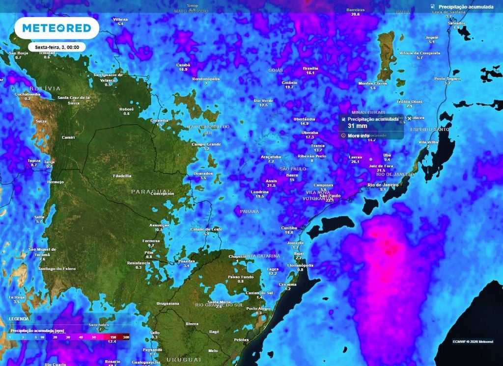 Precipitação acumulada até o final desta quinta-feira (2) sobre o centro-sul do Brasil.