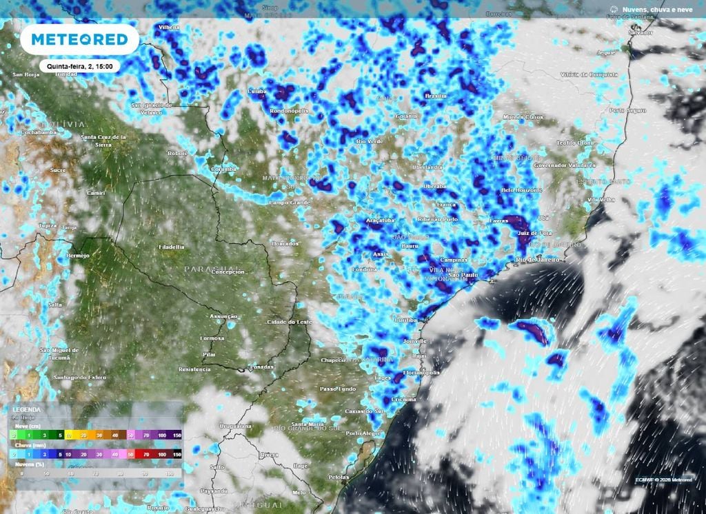 Precipitação prevista para a tarde desta quinta-feira (2), segundo o modelo ECMWF.