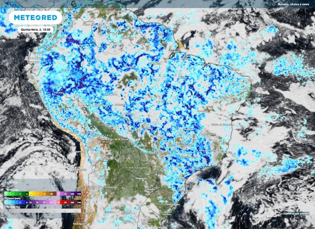 Previsão de chuva para a tarde desta quarta-feira (2) sobre o Brasil, de acordo com o modelo ECMWF.