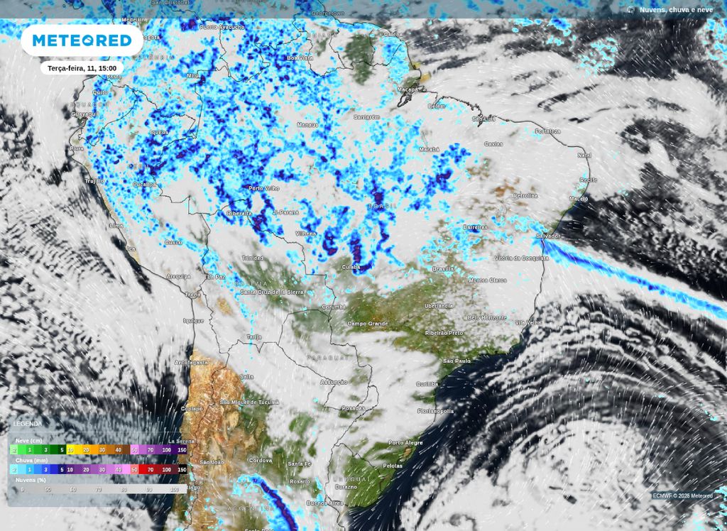 Previsão de precipitação e nebulosidade para a tarde desta terça-feira (11), de acordo com o modelo ECMWF.