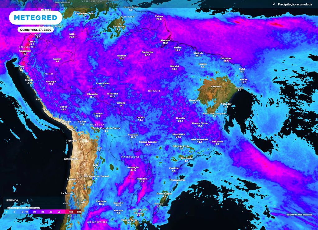 Mapa de precipitação acumulada entre quarta (26) e quinta-feira (27). Mapa de precipitação acumulada entre quarta (26) e quinta-feira (27).