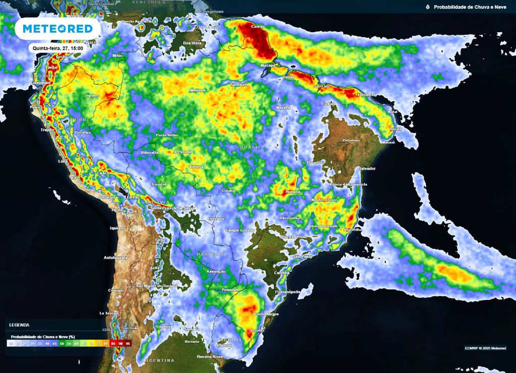Mapa de probabilidade de precipitação para a tarde de quinta-feira (27), segundo o modelo ECMWF. Mapa de probabilidade de precipitação para a tarde de quinta-feira (27), segundo o modelo ECMWF.