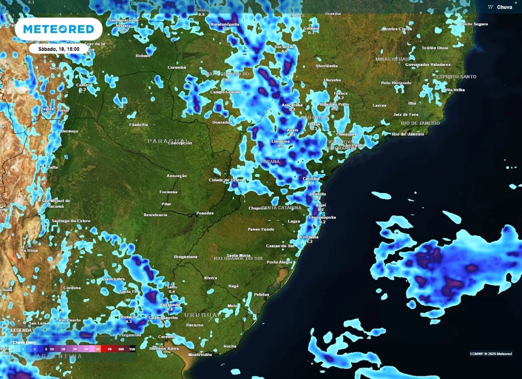 Previsão de chuva para a tarde deste sábado (18) na Região Sul.