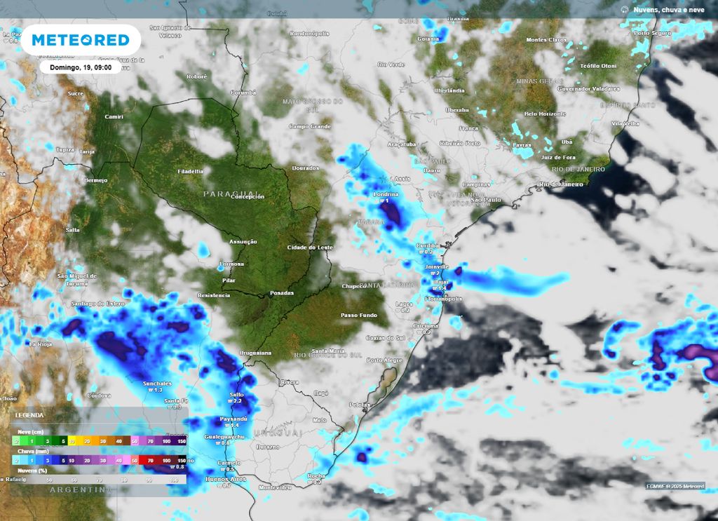 Previsão de chuva e nebulosidade para a manhã de domingo (18) na Região Sul.