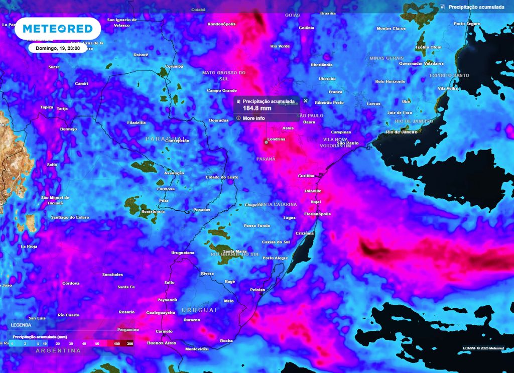 Previsão acumulada de precipitação entre sexta-feira (17) e domingo (19) para a região Sul.