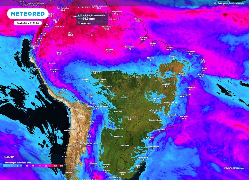 Acumulado de chuva para até a sexta-feira, 5 de junho. Acumulados podem passar dos 100 mm na Região Norte e chegar próximo disso no leste da Bahia.