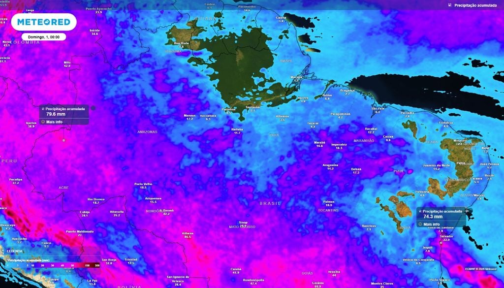 Precipitação acumulada para as regiões Norte e Nordeste do Brasil até o final do mês de outubro.
