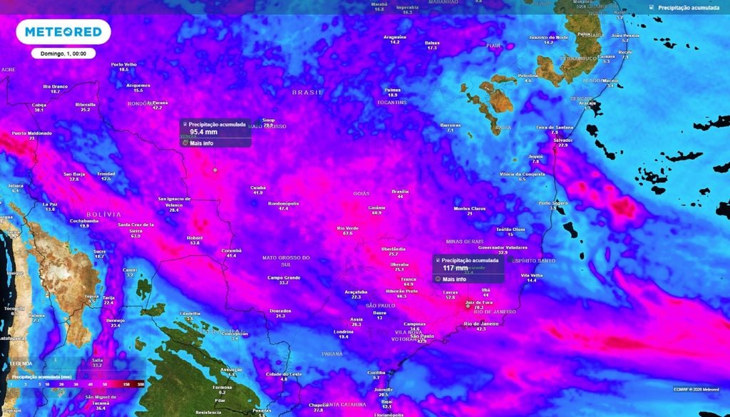 Precipitação acumulada prevista até sábado (31), para o Centro-Oeste e Sudeste do Brasil.