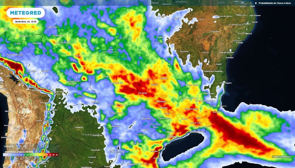 Mapa de probabilidade de chuva para a tarde de sexta-feira (30) no Centro-Oeste e Sudeste.