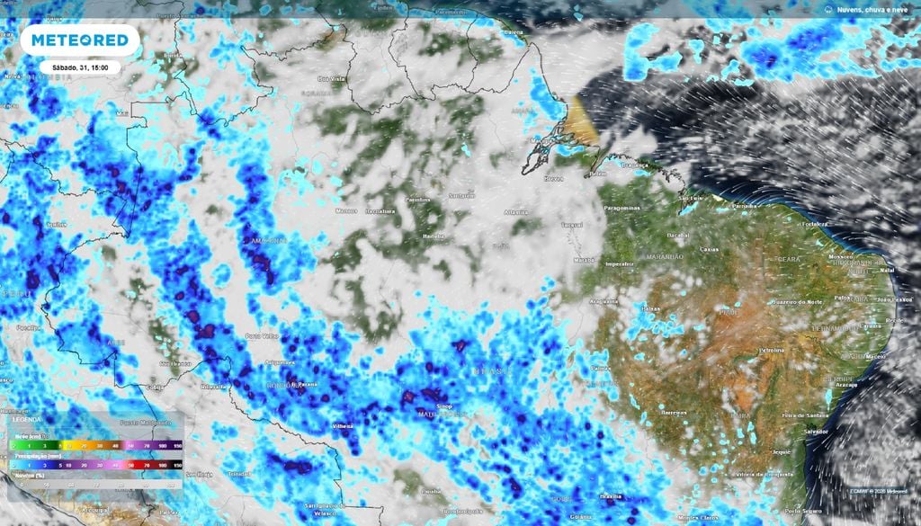 Precipitação e nebulosidade prevista para a tarde de sábado (31), de acordo com o modelo ECMWF.
