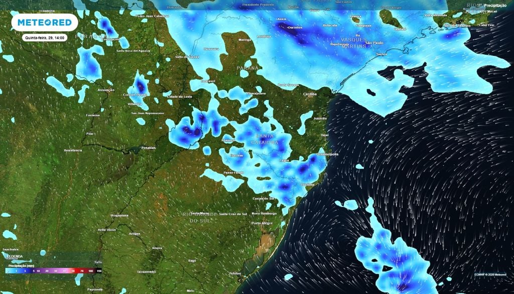 Precipitação para a tarde desta quinta-feira (29), na Região Sul.