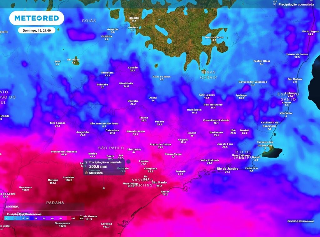 Previsão de precipitação acumulada (mm) entre hoje (9) e a noite do domingo (13), segundo o modelo europeu ECMWF.