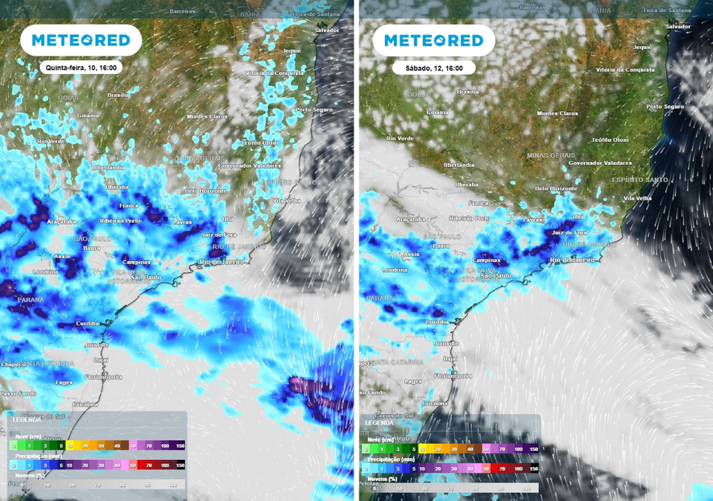 Previsão de precipitação (mm) e nebulosidade para quinta-feira (10) às 16h à esquerda e para sábado (12) às 16h à direita, segundo o modelo europeu ECMWF.