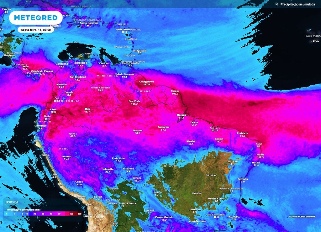 Acumulado de chuvas para a semana, segundo o modelo ECMWF.