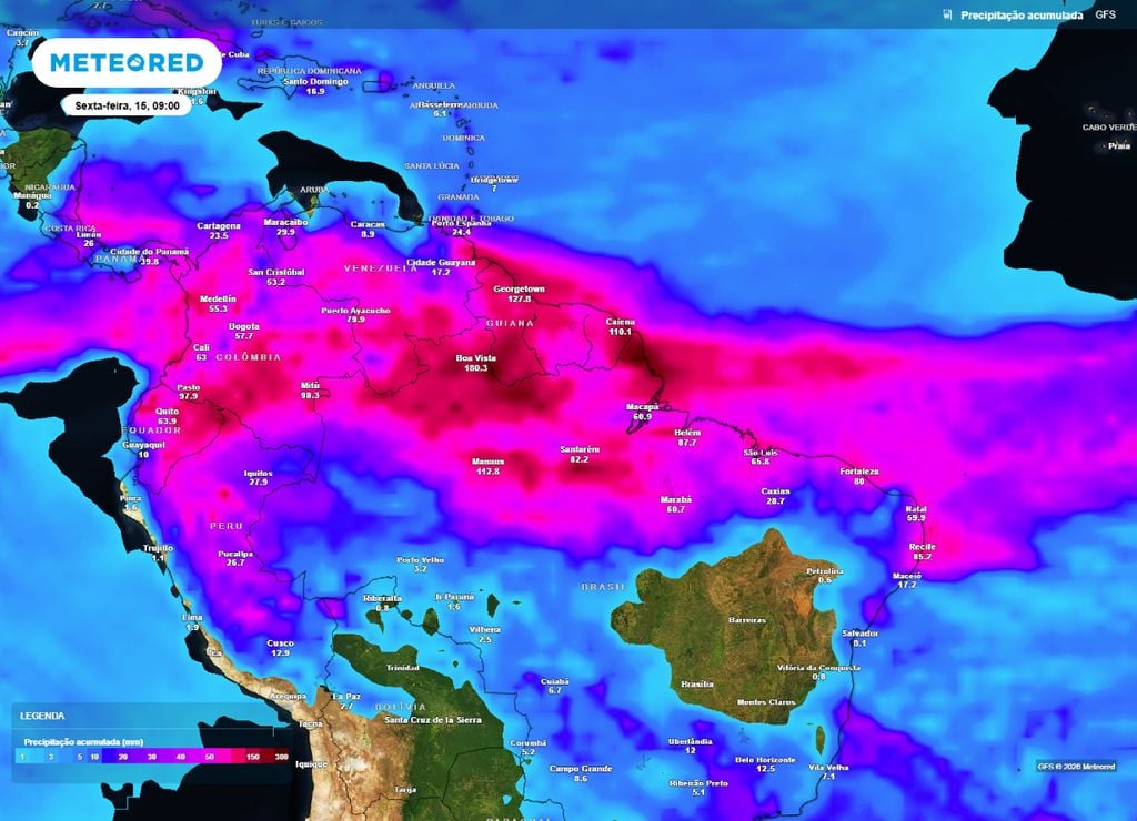 Acumulado de chuvas para a semana, segundo o modelo GFS.