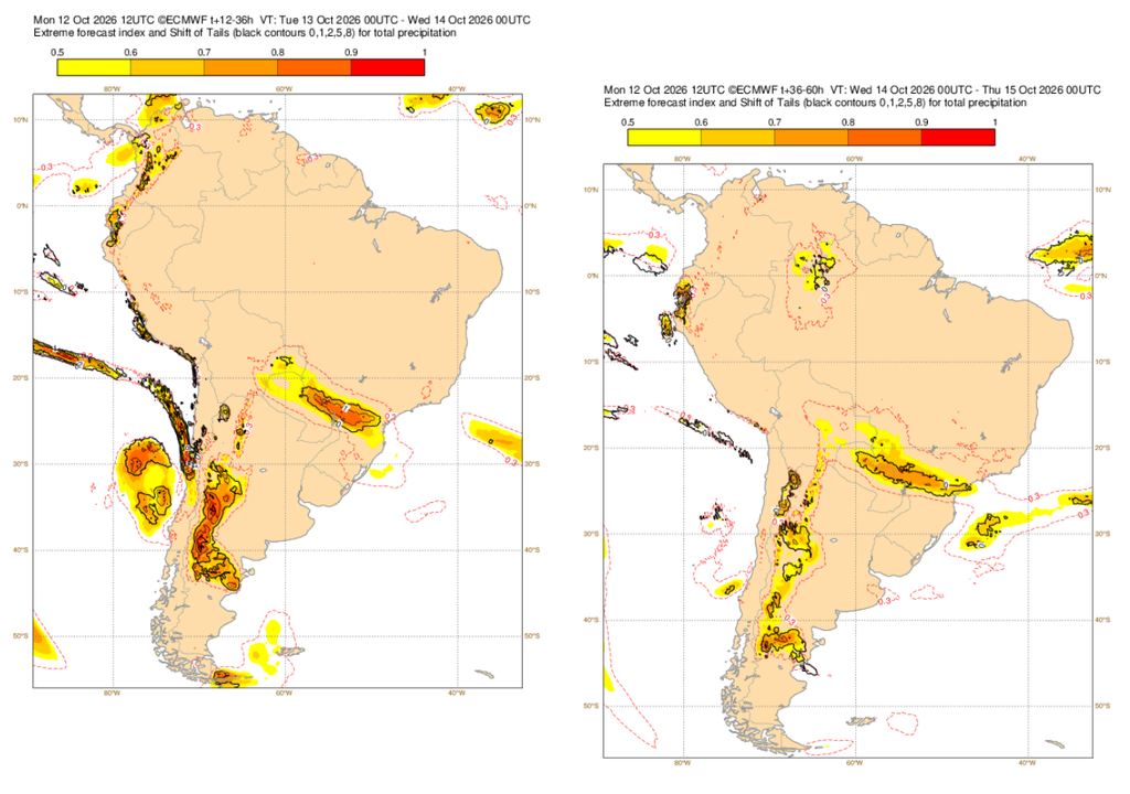 EFI do ECMWF para a precipitação nesta terça (13), à esquerda, e quarta-feira (14), à direita. Créditos: Meteored/ECMWF. EFI do ECMWF para a precipitação nesta terça (13), à esquerda, e quarta-feira (14), à direita. Créditos: Meteored/ECMWF.