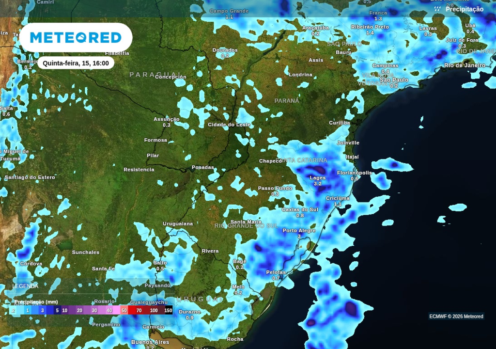 Previsão de chuva para quinta-feira (15), segundo o ECMWF. Previsão de chuva para quinta-feira (15), segundo o ECMWF.