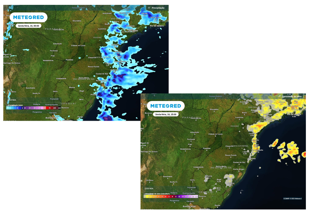 Previsão de chuva (esquerda) e tempestades (direita) para sexta-feira (16), segundo o ECMWF. Previsão de chuva (esquerda) e tempestades (direita) para sexta-feira (16), segundo o ECMWF.