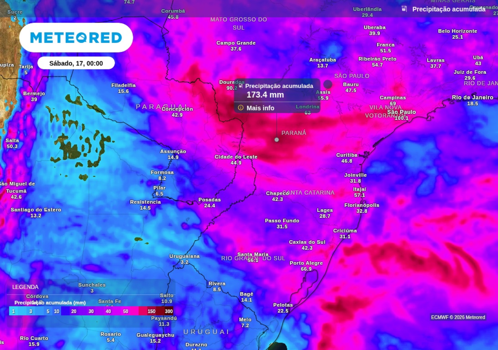 Previsão de chuva acumulada até a noite de sexta-feira (16), segundo o ECMWF. Previsão de chuva acumulada até a noite de sexta-feira (16), segundo o ECMWF.