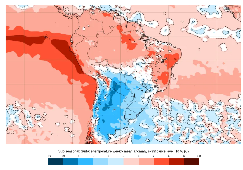 fa Previsão de anomalia semanal de temperatura entre 12 e 19 de outubro, segundo o ECMWF.
